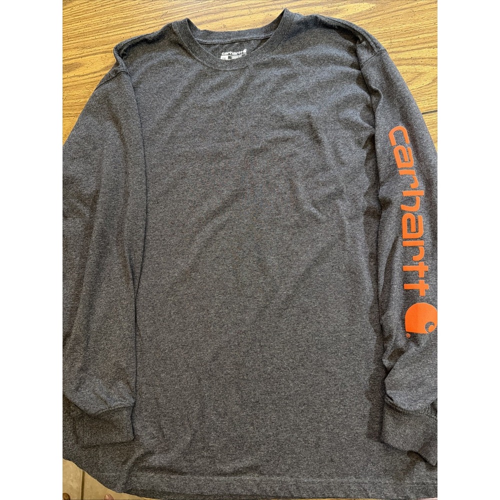 Carhartt Mens 2XL Long Sleeve Shirt Orange Spellout Sleeve Grey Logo Tee